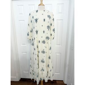 Link + Luxe Womens Ivory Blue Embroidered Tiered Maxi Dress Size Large